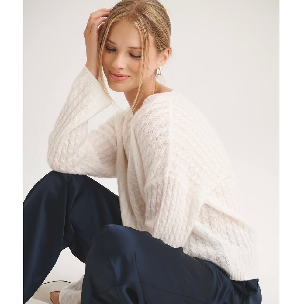 SOFT by Naadam Large Cream Cable Knit Cropped Long Sleeve Cashmere Pullover